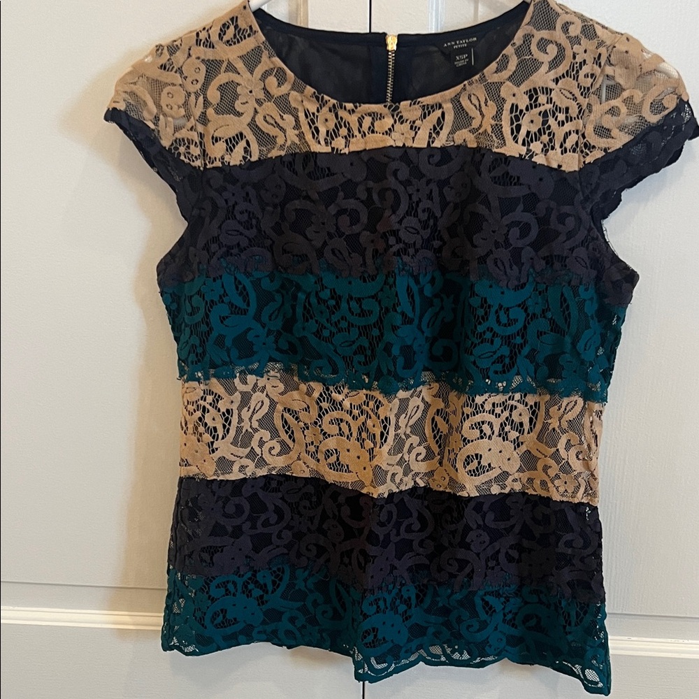 Ann Taylor Lace Striped Blouse - Black, Tan, Teal